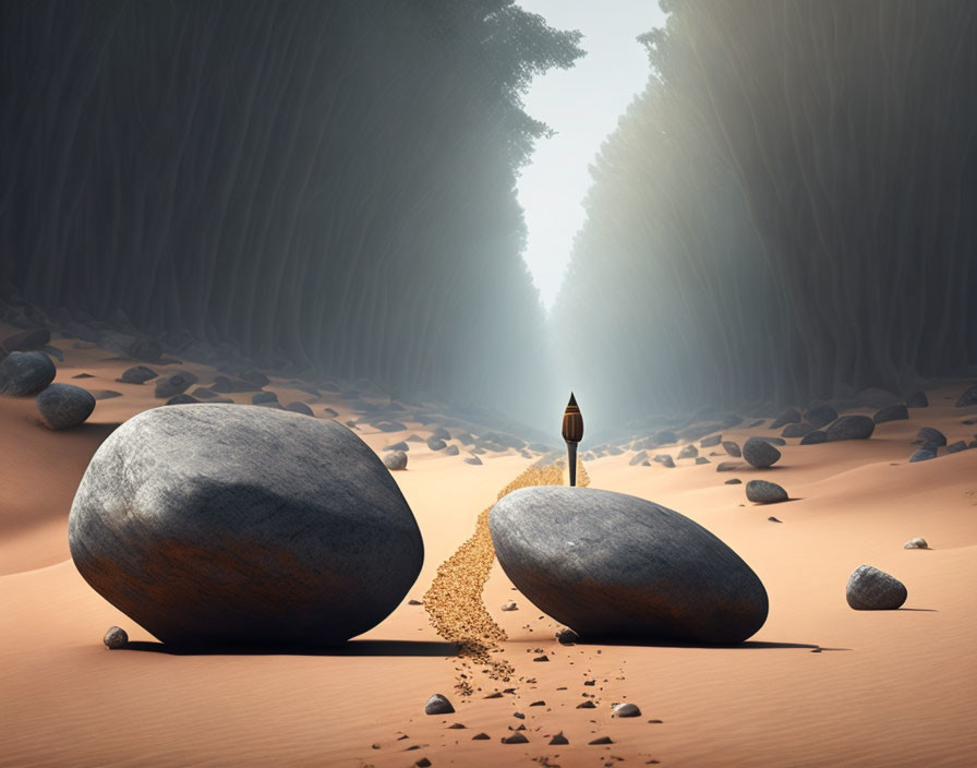 Surreal landscape with large rocks, matchstick, and sunbeam in dusty setting