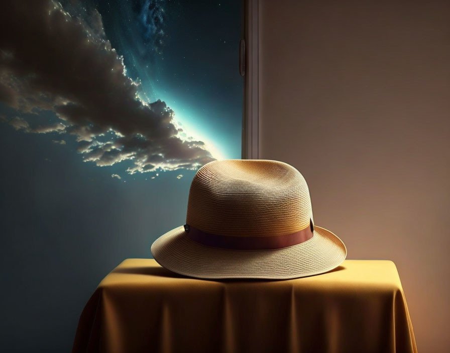 Straw hat on table under night sky backdrop