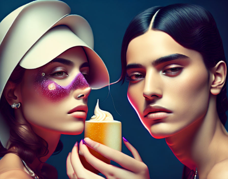 Striking Makeup Models in Visor Holding Candle with Soft Light