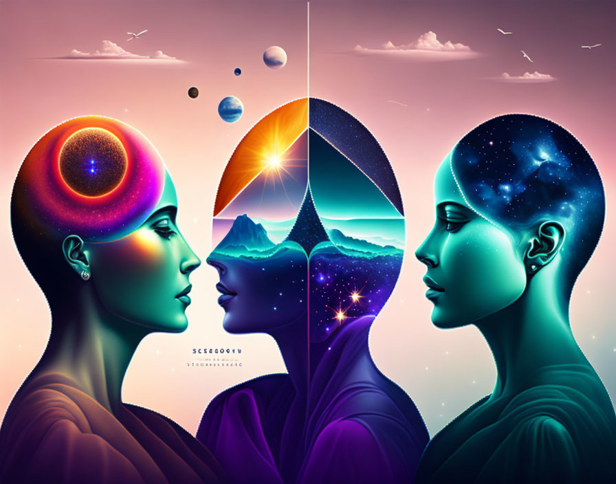 Digital artwork of two profiles: warm sunrise vs. cool starry night, blending nature and outer space