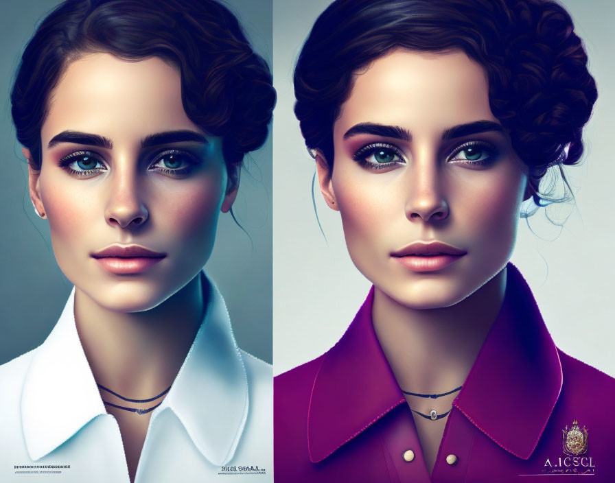 Woman's digital portrait: blue-eyed, dark hair in updo, two versions with varied outfits &