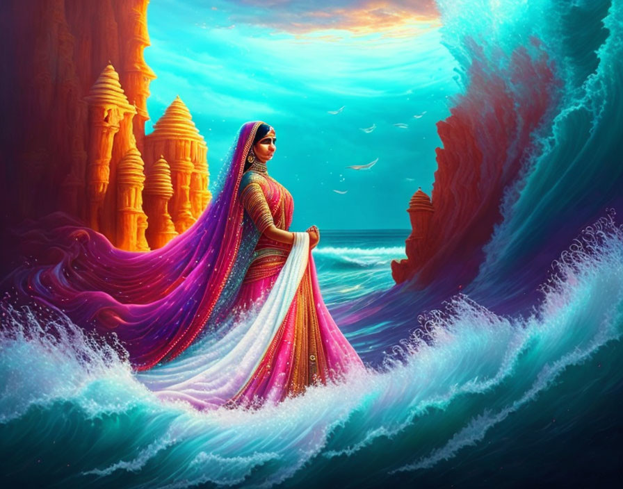 Woman in vibrant sari between towering cliffs above sea with surreal sky.