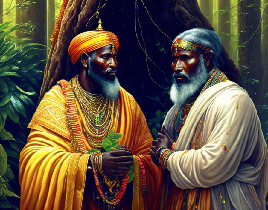 Two men in regal attire and head wraps discussing in a lush forest