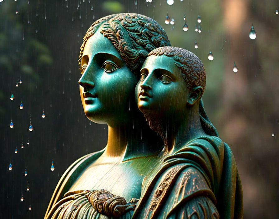 Intricate sculpture: Two figures with elaborate hairstyles embracing in rain against blurred backdrop