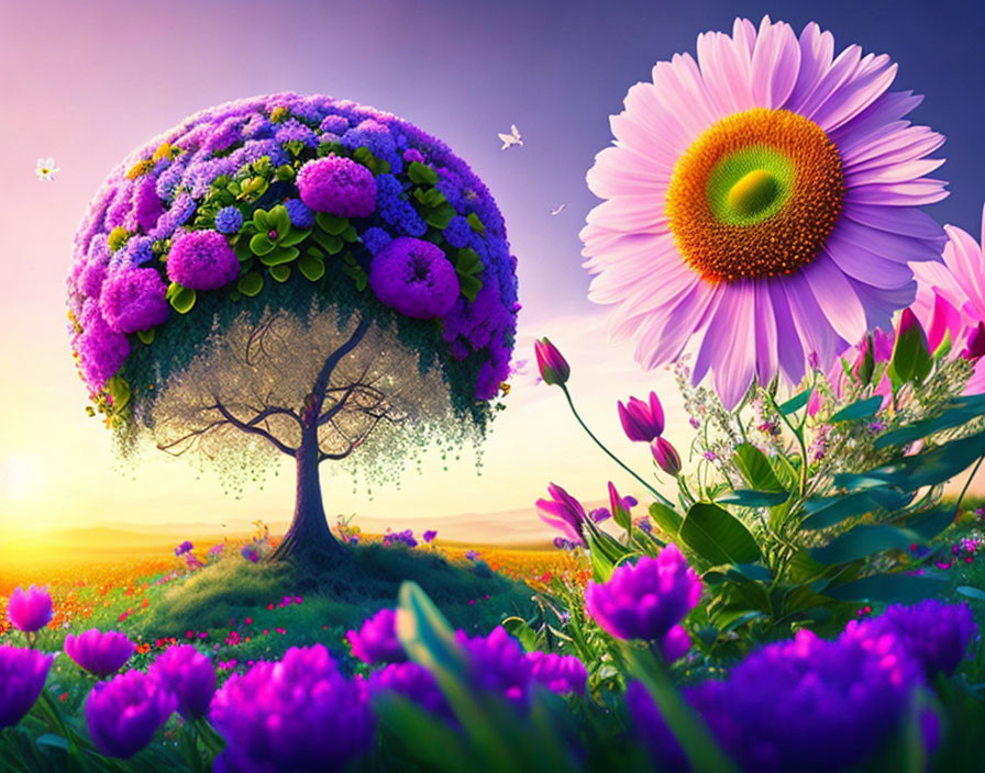 Colorful fantasy landscape with spherical tree, giant pink flower, and sunset sky