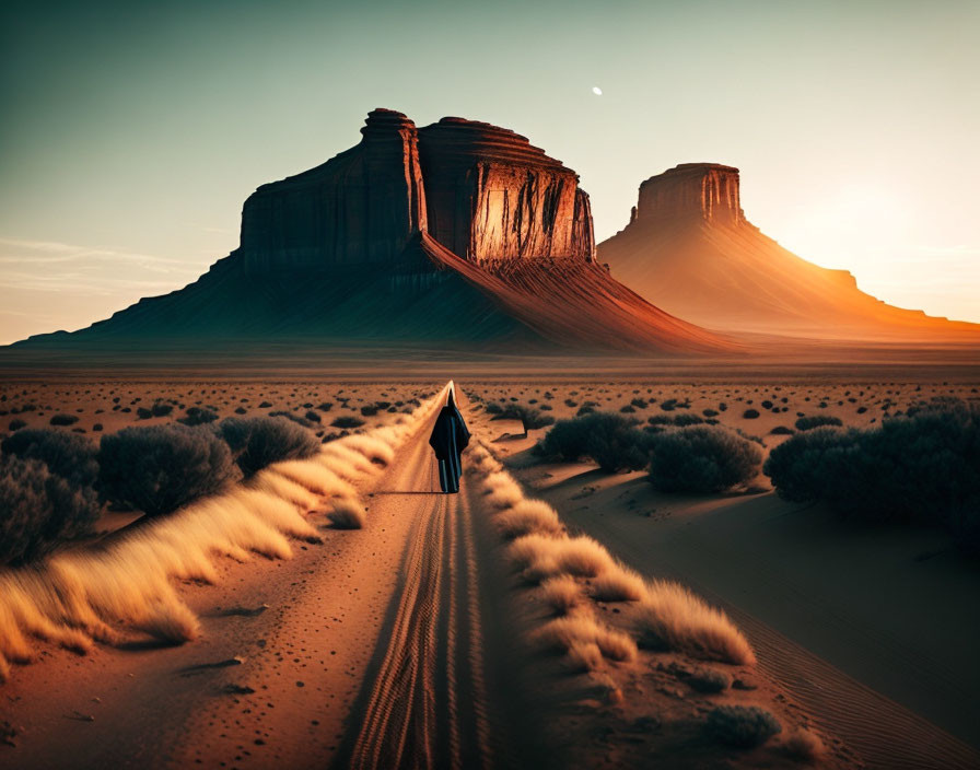 Desert road with sandstone buttes under warm sunset sky.