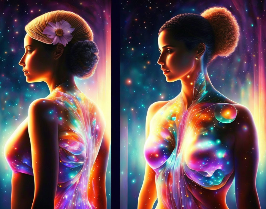 Artistic portraits of woman with cosmic patterns and stars on vibrant space background