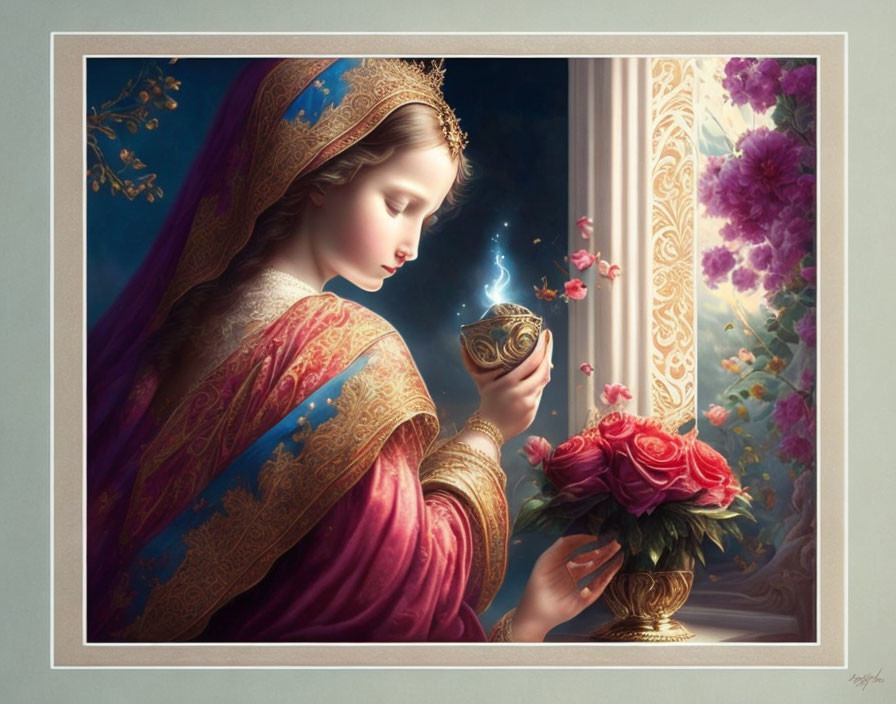 Illustration: Robed woman with halo holding incense burner by window, blooming flowers & roses