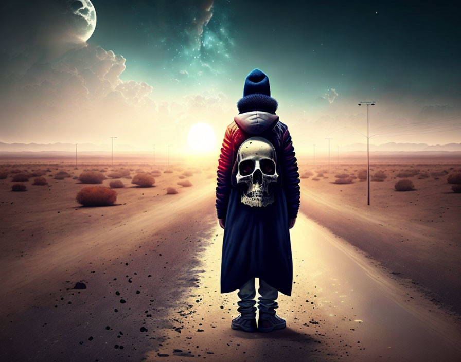 Person in skull-print hoodie on deserted road at dusk with oversized planets in surreal sky