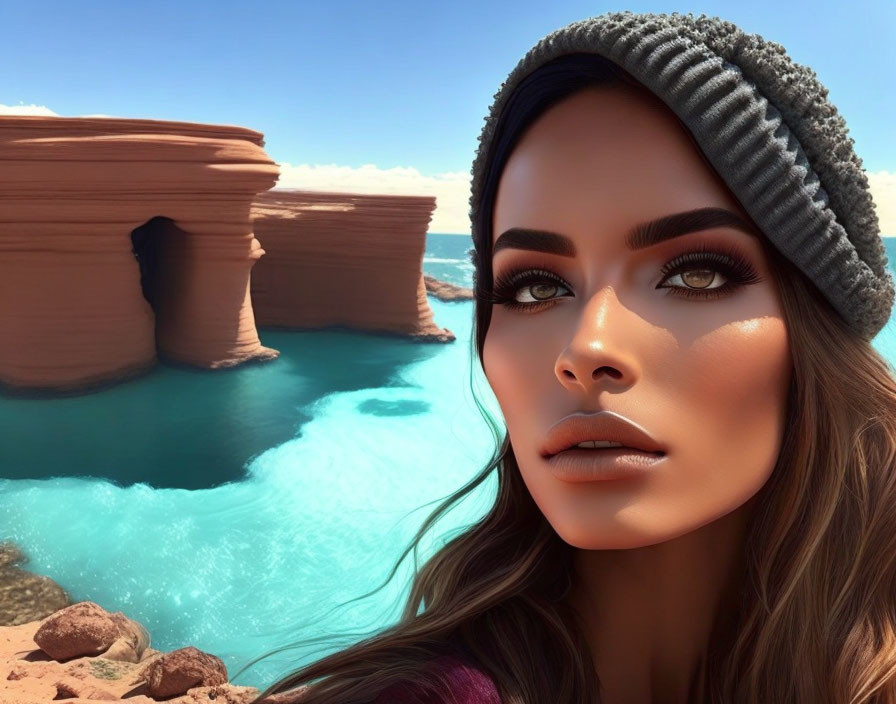 Realistic female character with sharp features in desert landscape.