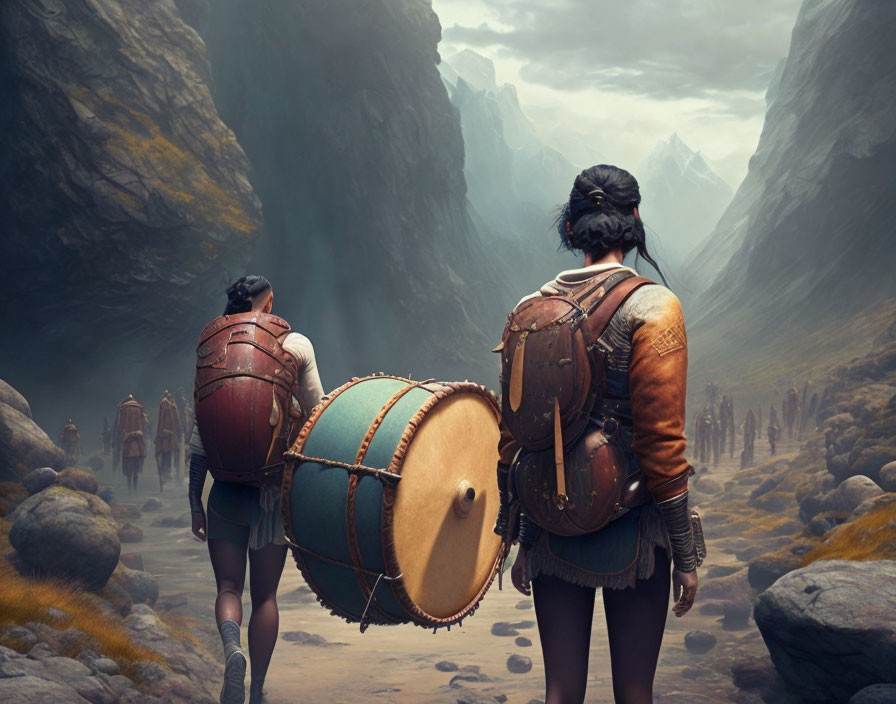 Two individuals carry large drums in a mountainous valley