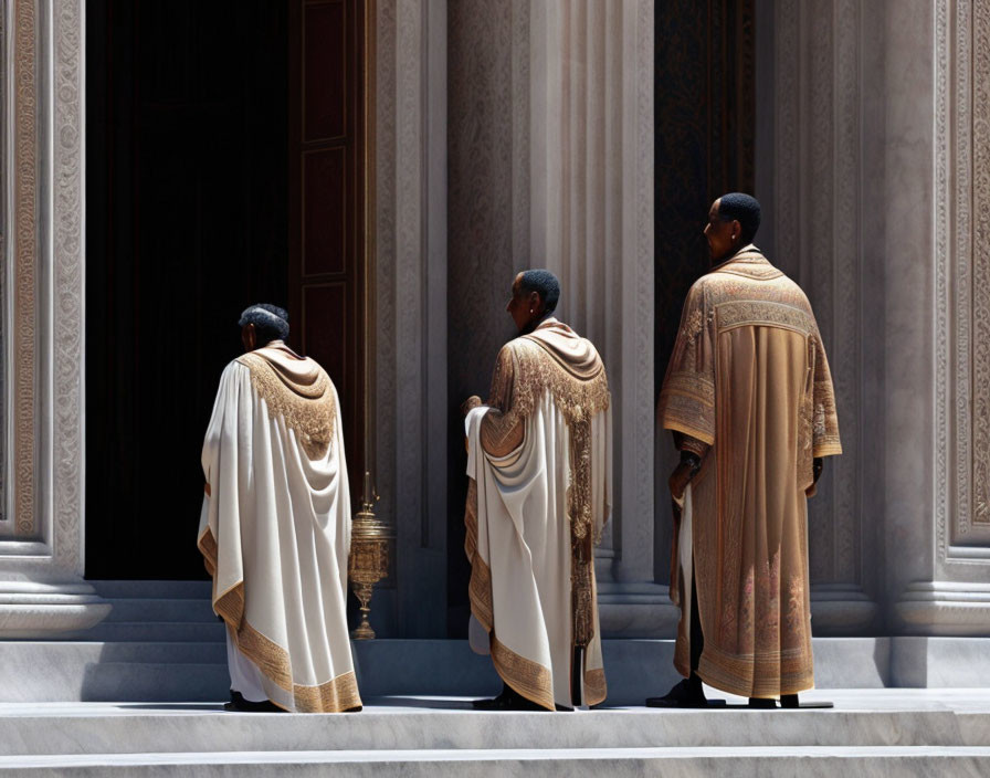 Three individuals in white robes with golden trim at grand entrance