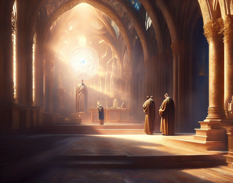 Figures in sunlit cathedral with stained-glass window