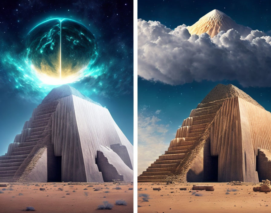 Split image: Pyramids under sci-fi orb & sunny sky