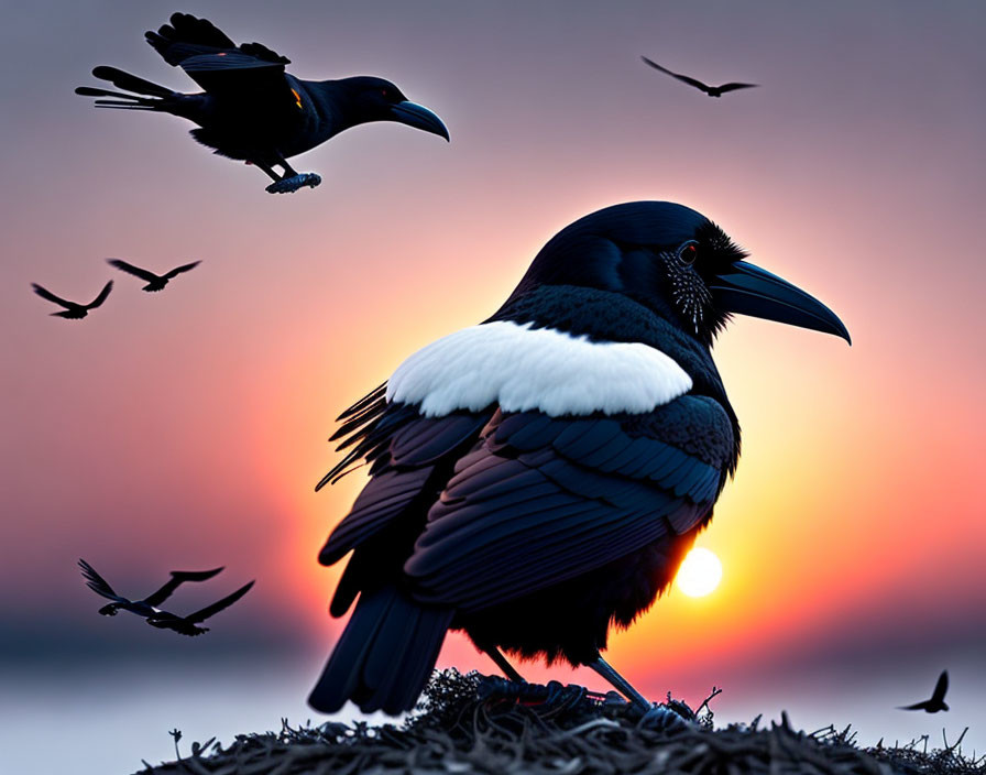 Magpie and bird at sunset with colorful sky