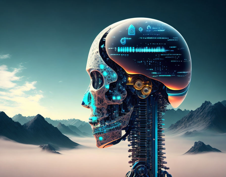 Human skull with cybernetic enhancements in futuristic digital art