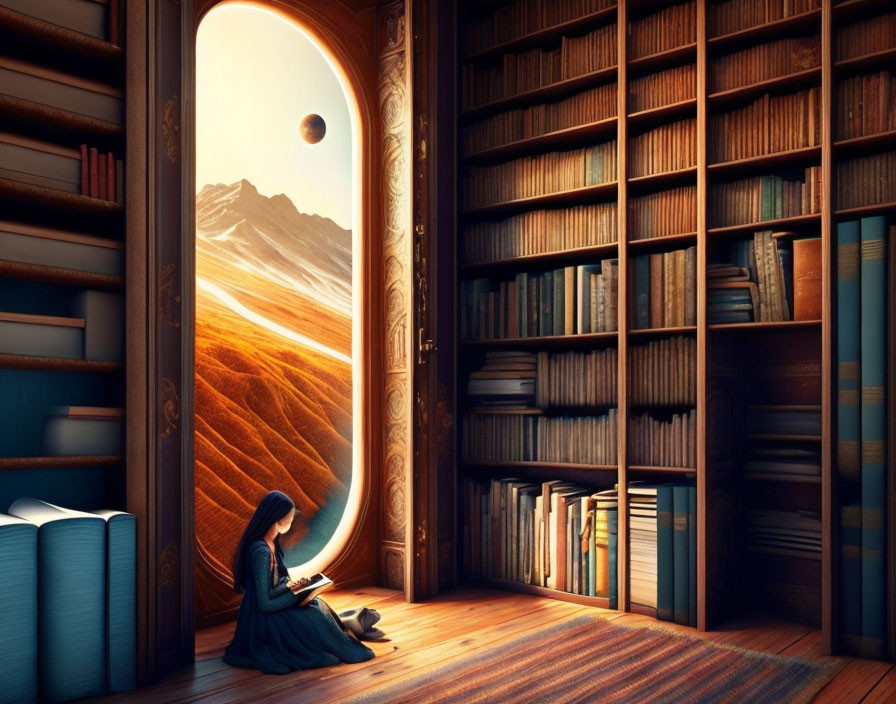 Person reading book in cozy room with desert view