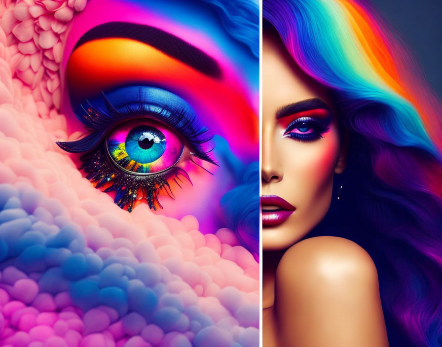 Woman with Vibrant Rainbow Eye Makeup and Flowing Hair in Colorful Setting