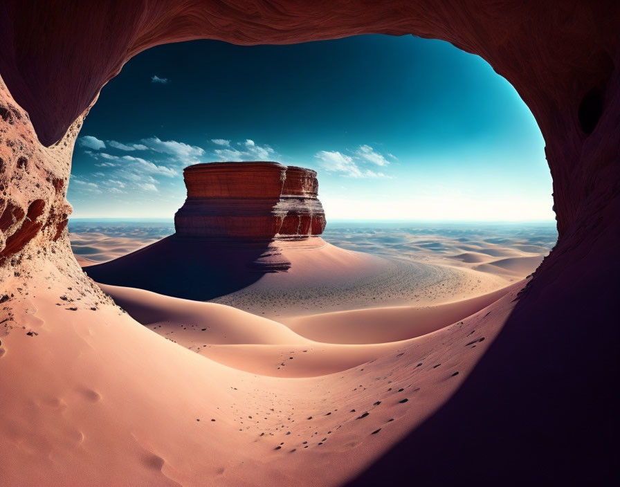 Desert landscape with sand dunes and rock formation under blue sky