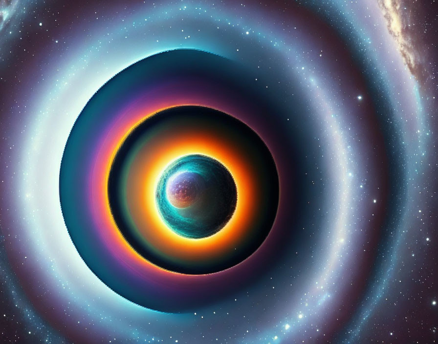 Vibrant cosmic object digital illustration with rings of light.