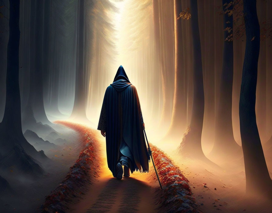 Cloaked figure with staff in mystical forest path under sunlight beams