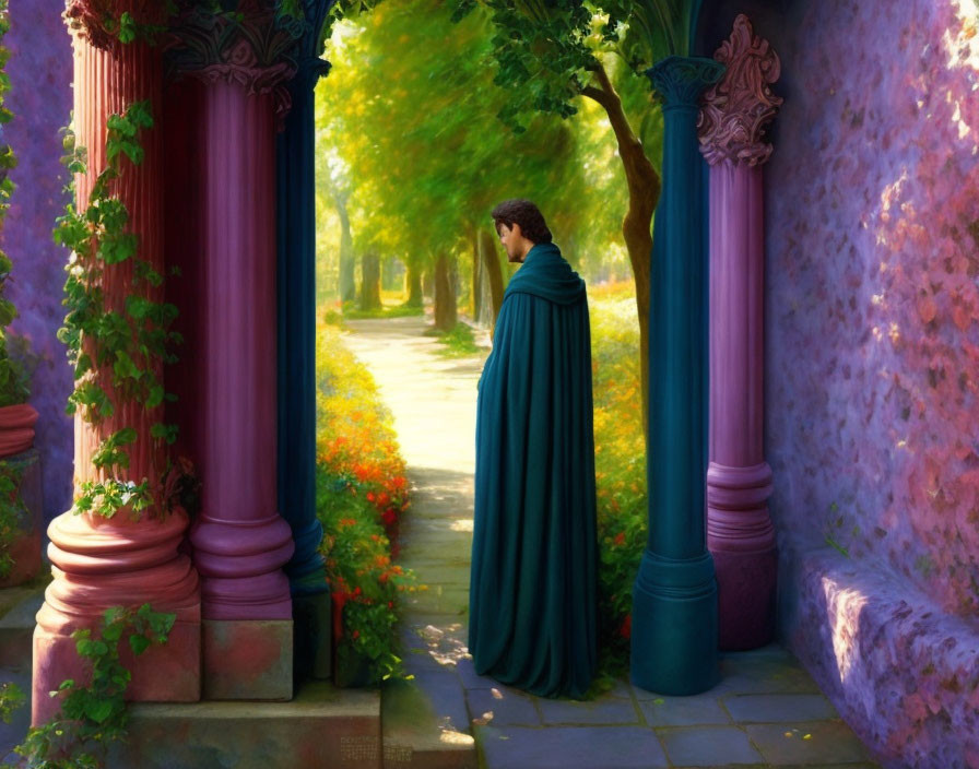 Cloaked Figure Between Purple Pillars in Sunlit Path