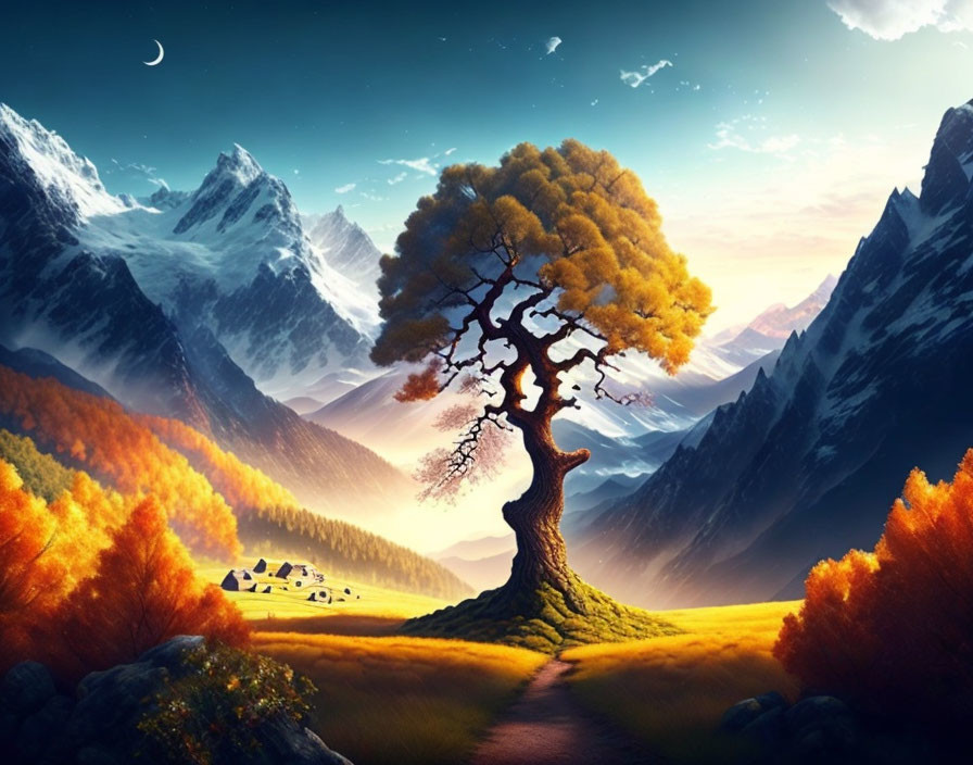 Scenic landscape with imposing tree, village, mountains, and crescent moon