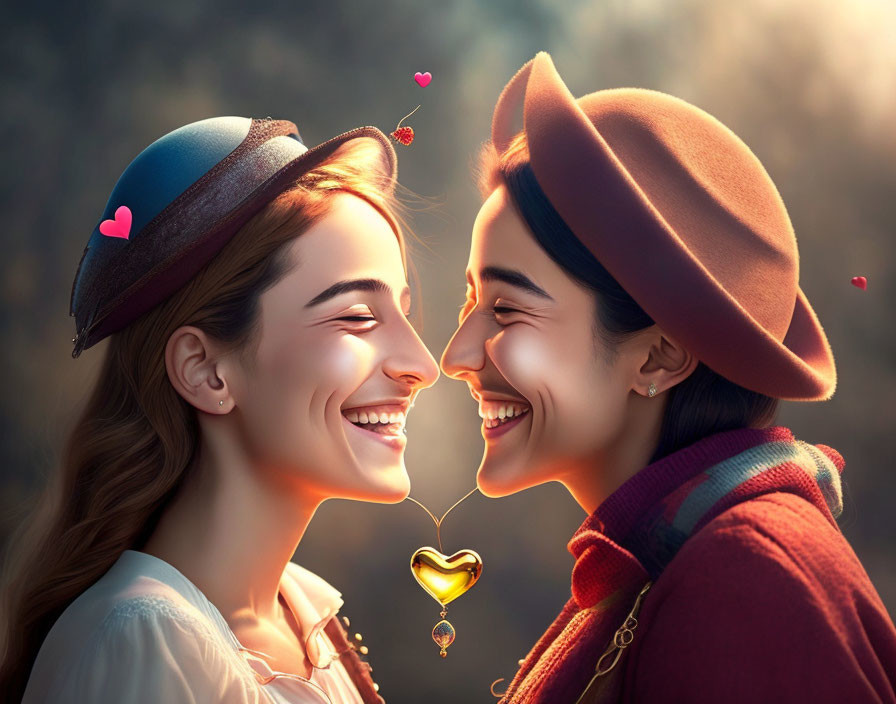 Two individuals in berets sharing a heart-shaped connection in a whimsical setting