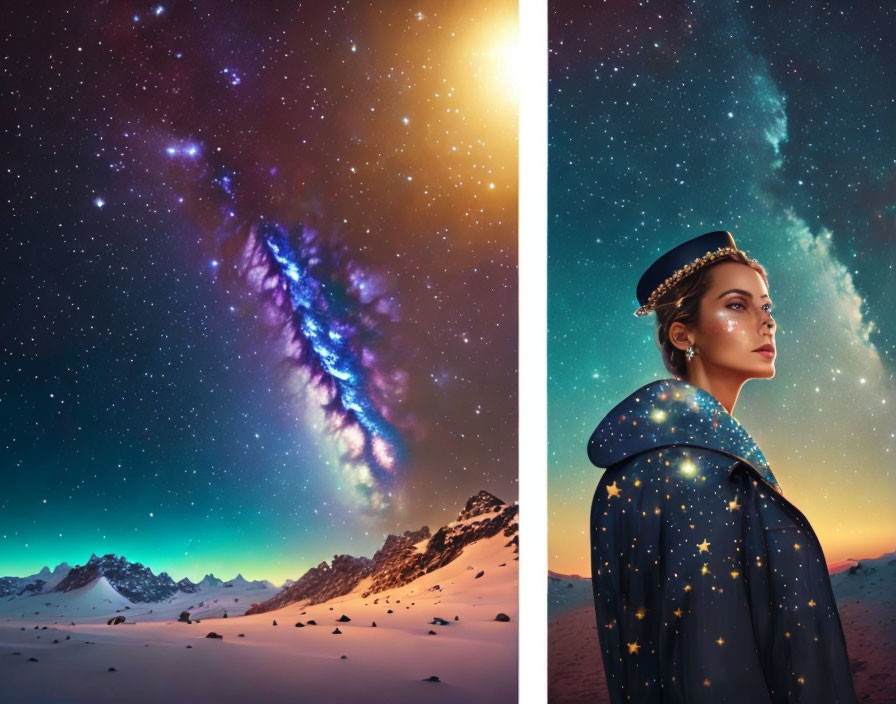 Split-image: Vibrant galaxy and woman in cosmic cloak against snowy mountain