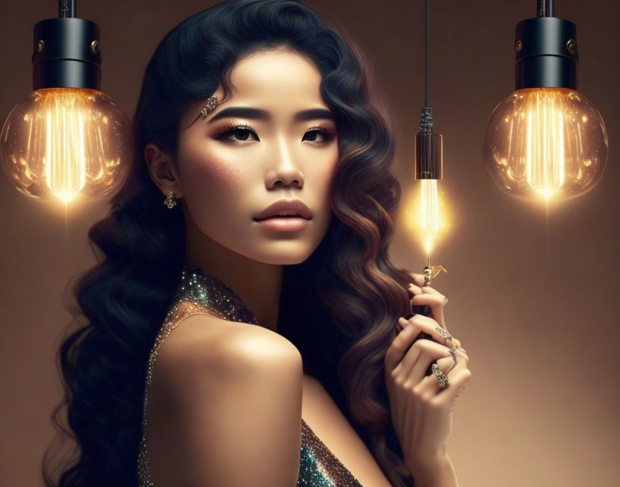 Woman with Elegant Makeup and Sparkling Jewelry in Warm Glowing Lights