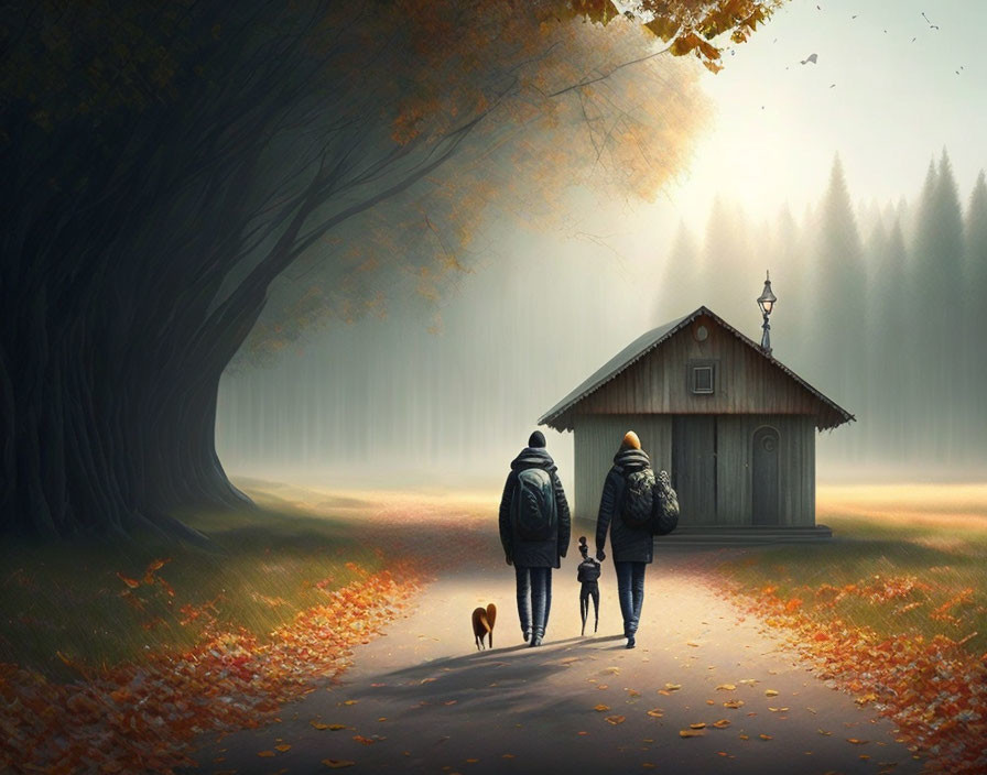 Two individuals and a dog walking to a cabin on a foggy, autumnal path