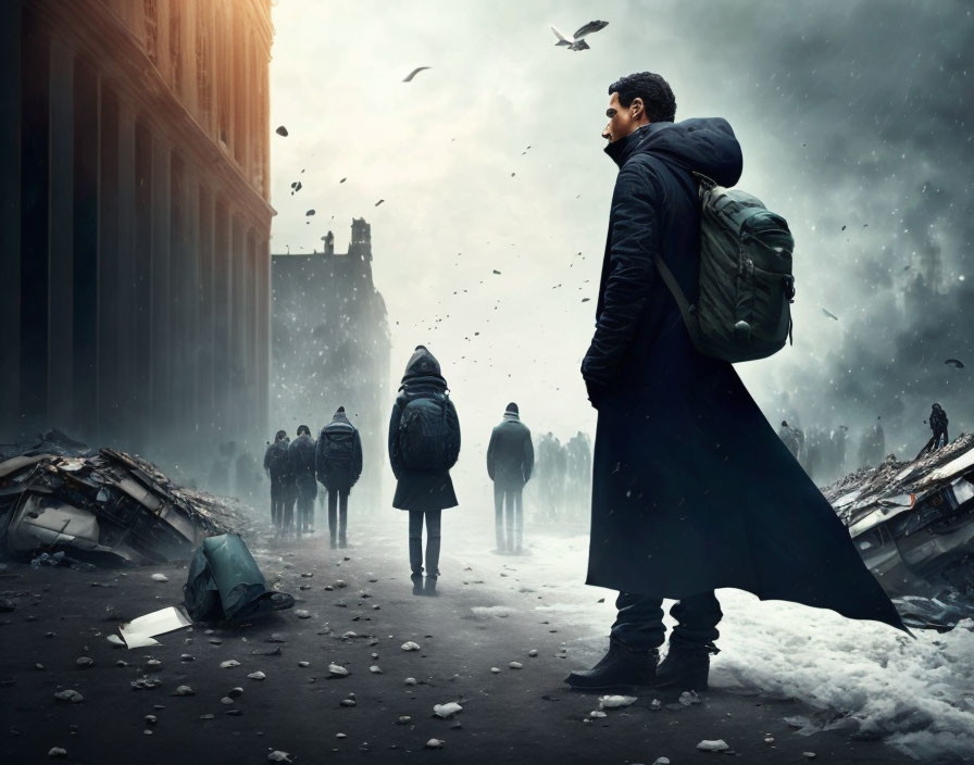 Man with backpack in snow-covered street watching group walk away in apocalyptic ruins.