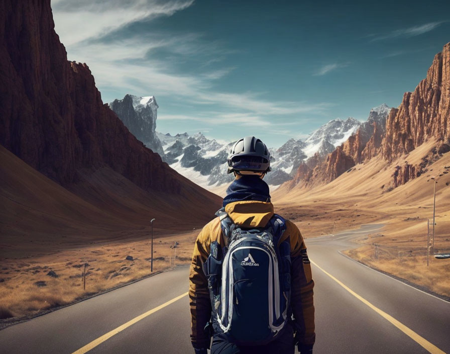 Motorcyclist on open road with snowy mountain range and cloudy sky