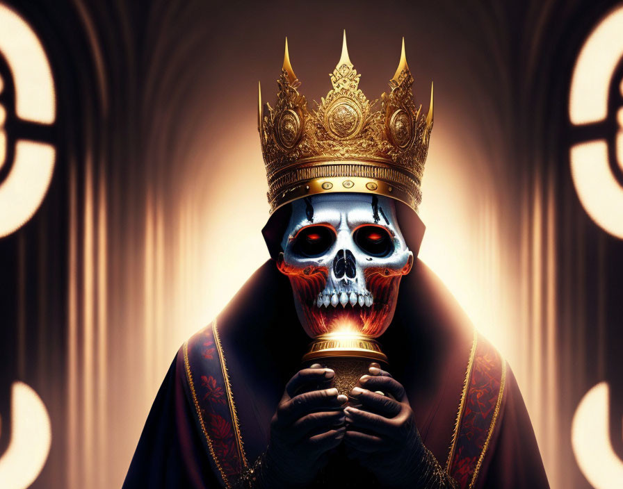 Skull with glowing red eyes in ornate crown and regalia holding golden chalice on patterned