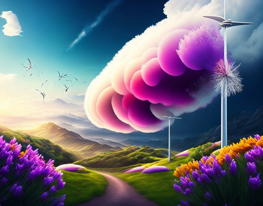 Fantasy landscape with vibrant flowers, winding path, wind turbines, and surreal purple clouds above mountainous