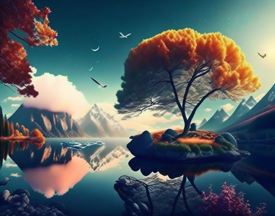 Tranquil fantasy landscape with floating island, orange-leafed tree, mountains, starry sky