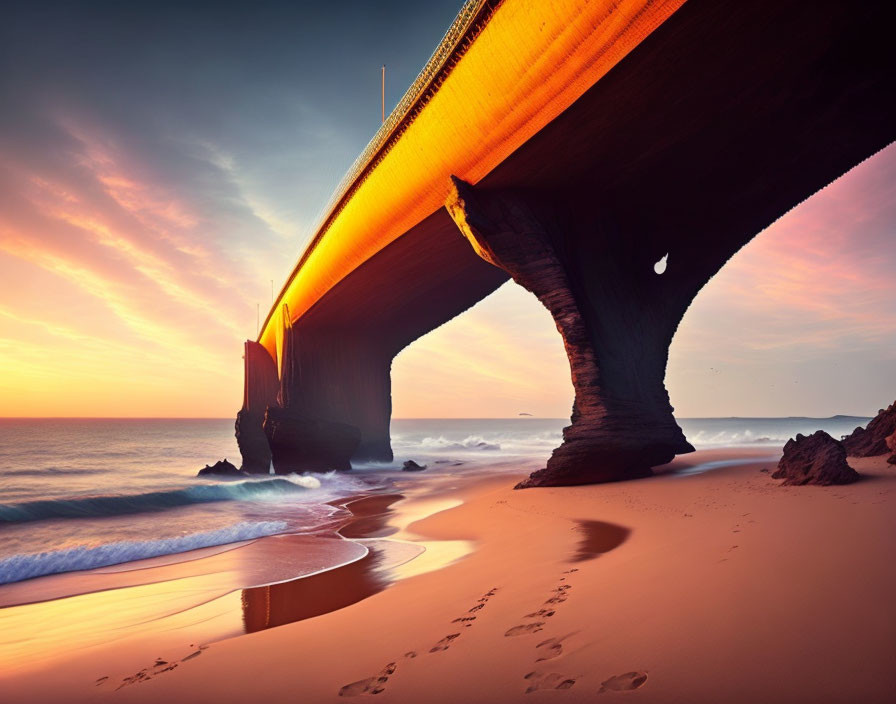 Sunset coastal seascape with illuminated overpass bridge and waves.