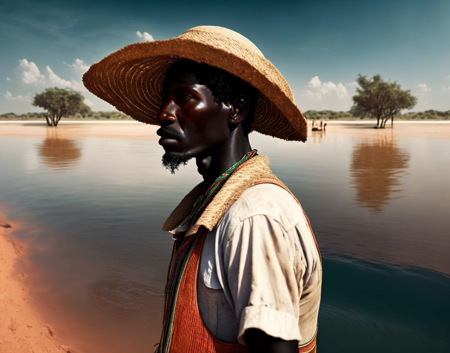 Pensive man in wide-brimmed hat by serene riverbank