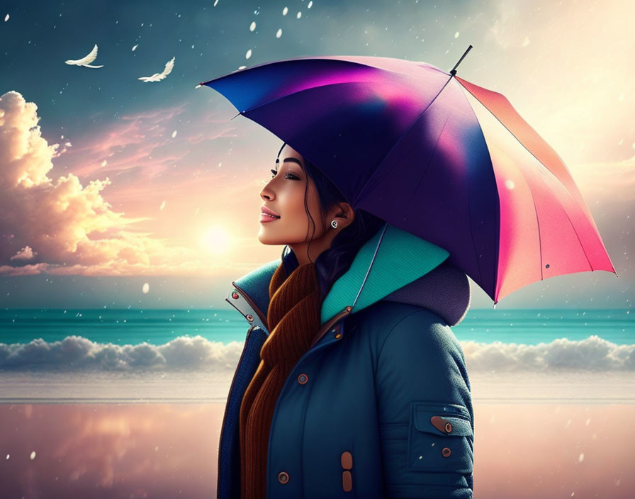 Colorful Umbrella Woman in Surreal Sunset Sky