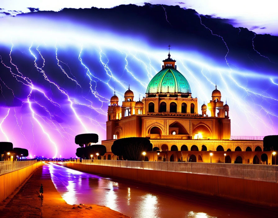 Historic domed building struck by lightning in dramatic sky above river