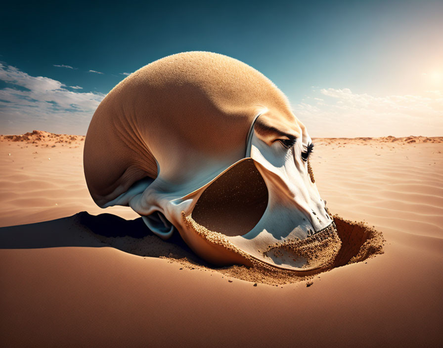 Surreal desert landscape with massive camel skull under blue sky