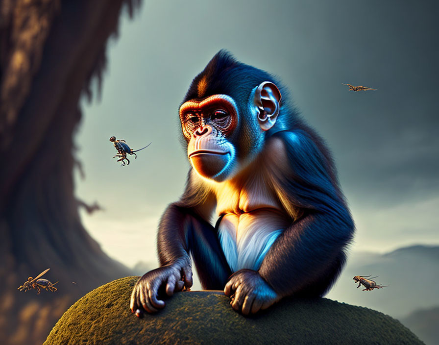 Detailed Monkey Illustration with Blue Eyes on Rock and Flying Insects