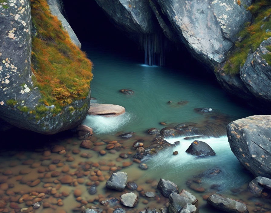 Tranquil stream with moss-covered rocks and waterfall