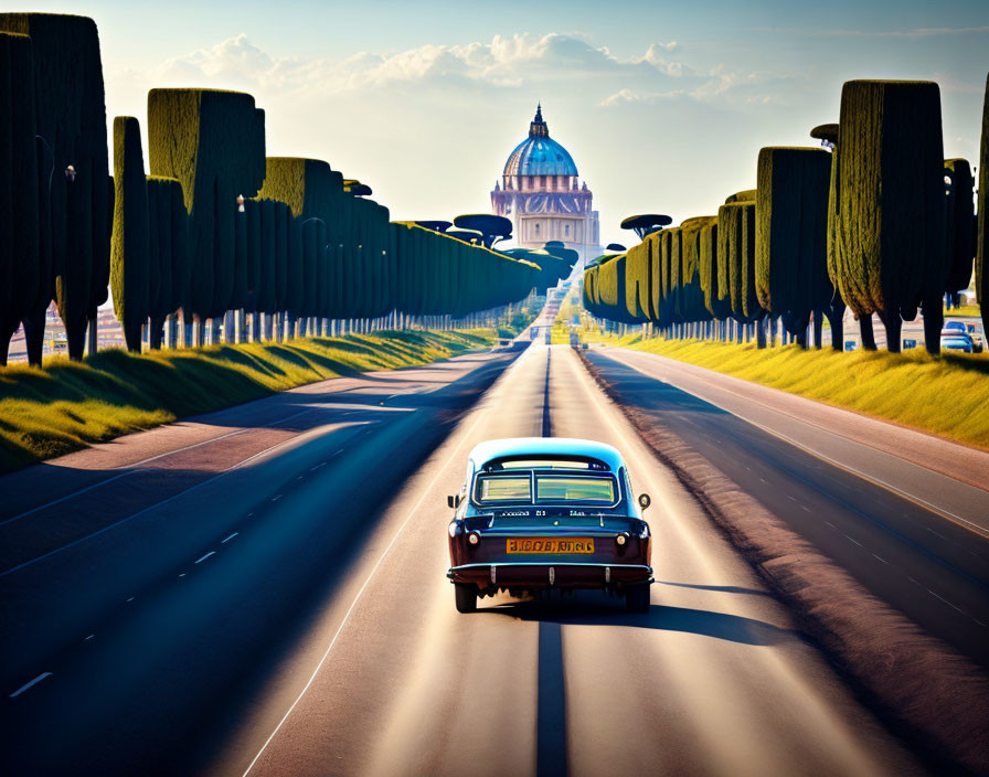 Vintage car approaching grand dome on tree-lined road under blue sky