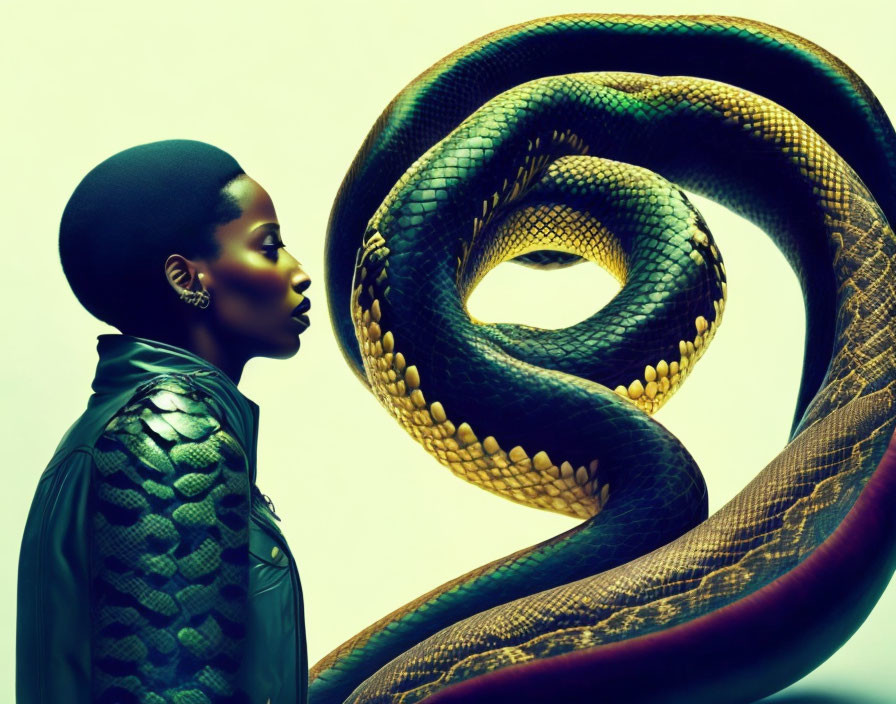 Profile of woman in dark green outfit next to coiled green and gold snake