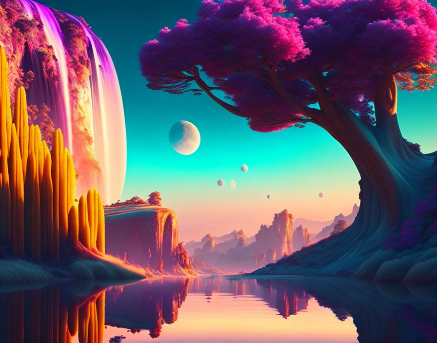 Fantasy landscape with pink trees, waterfall, alien planets, and reflective water at sunset.