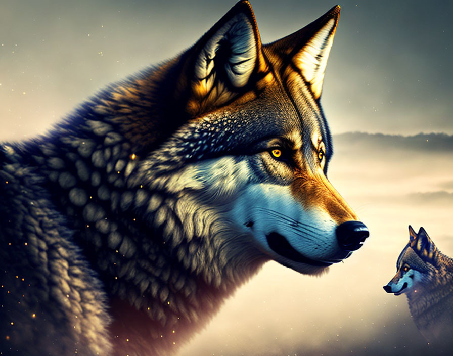 Detailed digital artwork of two wolves against starry sky