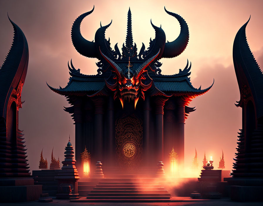 Dark temple with dragon-themed architecture under red sky