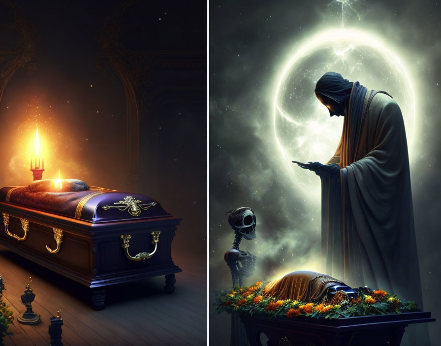 Split illustration: Glowing casket in ornate room & cloaked figure with skull in cosmic setting