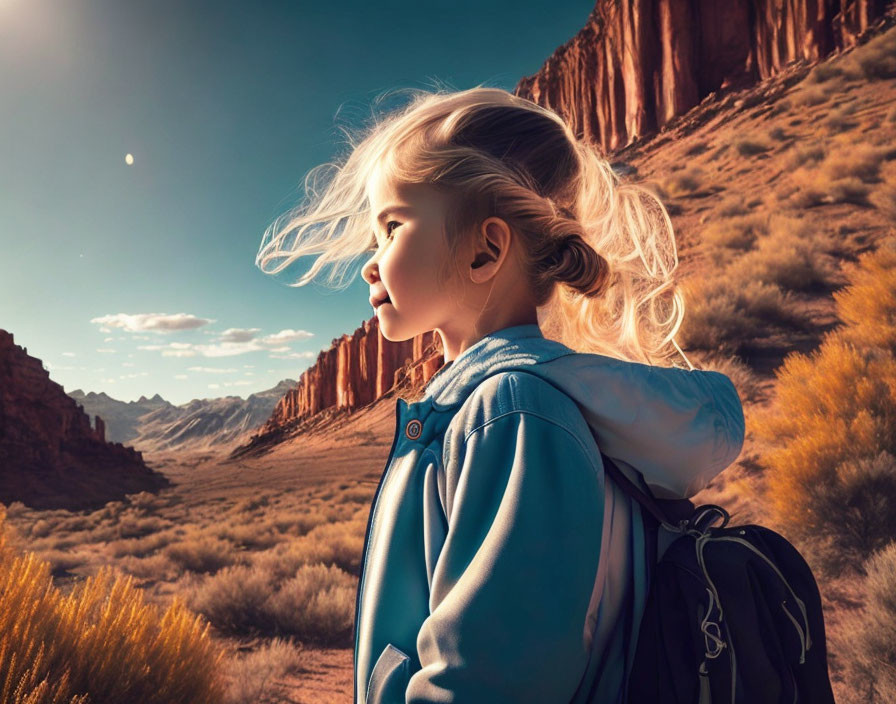 Blond-Haired Child in Desert Canyon with Backpack